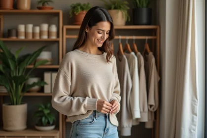 Femme inspectant un vêtement en boutique écologique