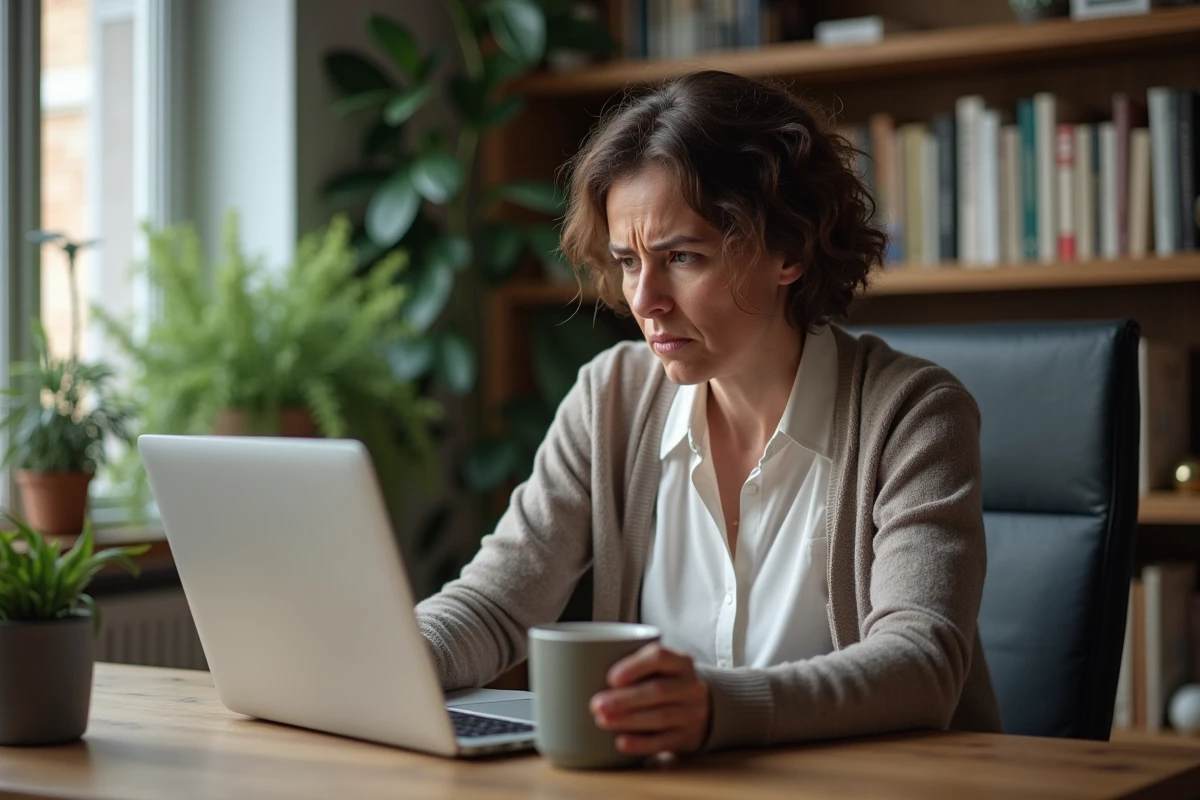 Femme d'âge moyen au bureau à domicile avec erreur ordinateur