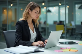 Femme en bureau moderne gérant un projet avec laptop et notes