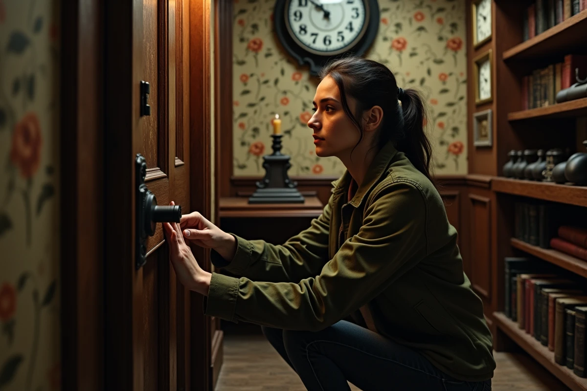 Jeune femme inspectant un cadenas sur une porte ancienne dans un escape room de style victorien
