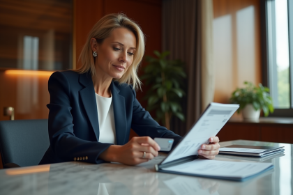 Femme confiante en costume dans une banque élégante
