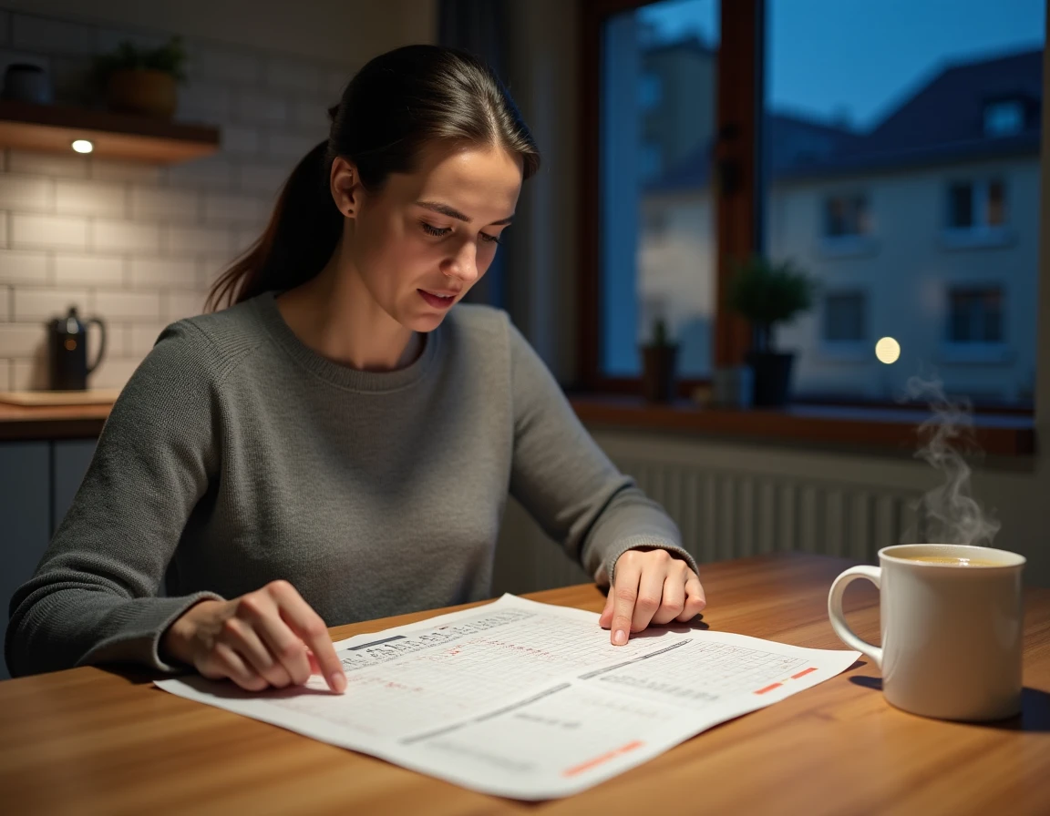 Femme consultant un tableau de conversion d'heure imprimé dans une cuisine le soir avec une tasse de thé