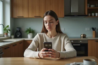 Femme assise à la cuisine regardant son téléphone avec l'heure 18h18