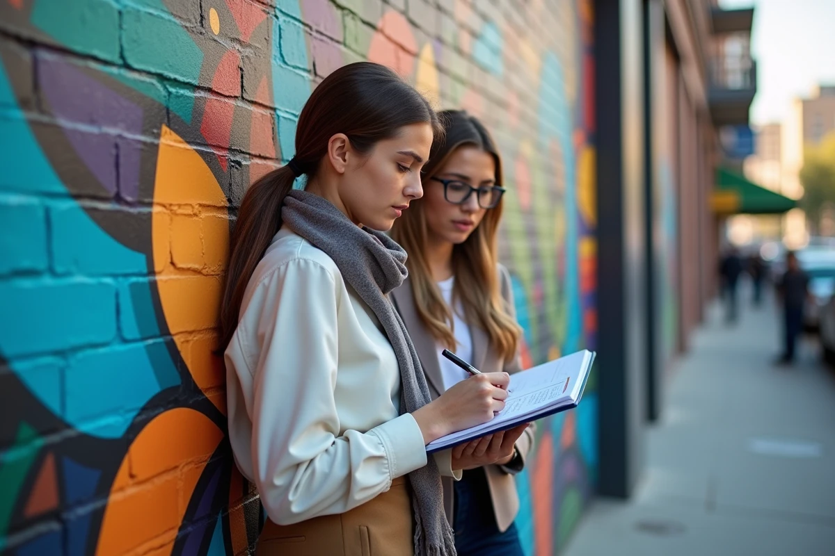 Jeune femme esquissant des idées devant un mur urbain coloré