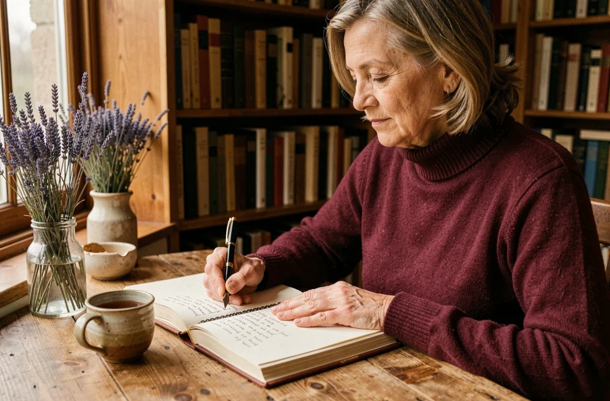 Femme écrivant un mantra dans un journal dans une bibliothèque chaleureuse et intimiste