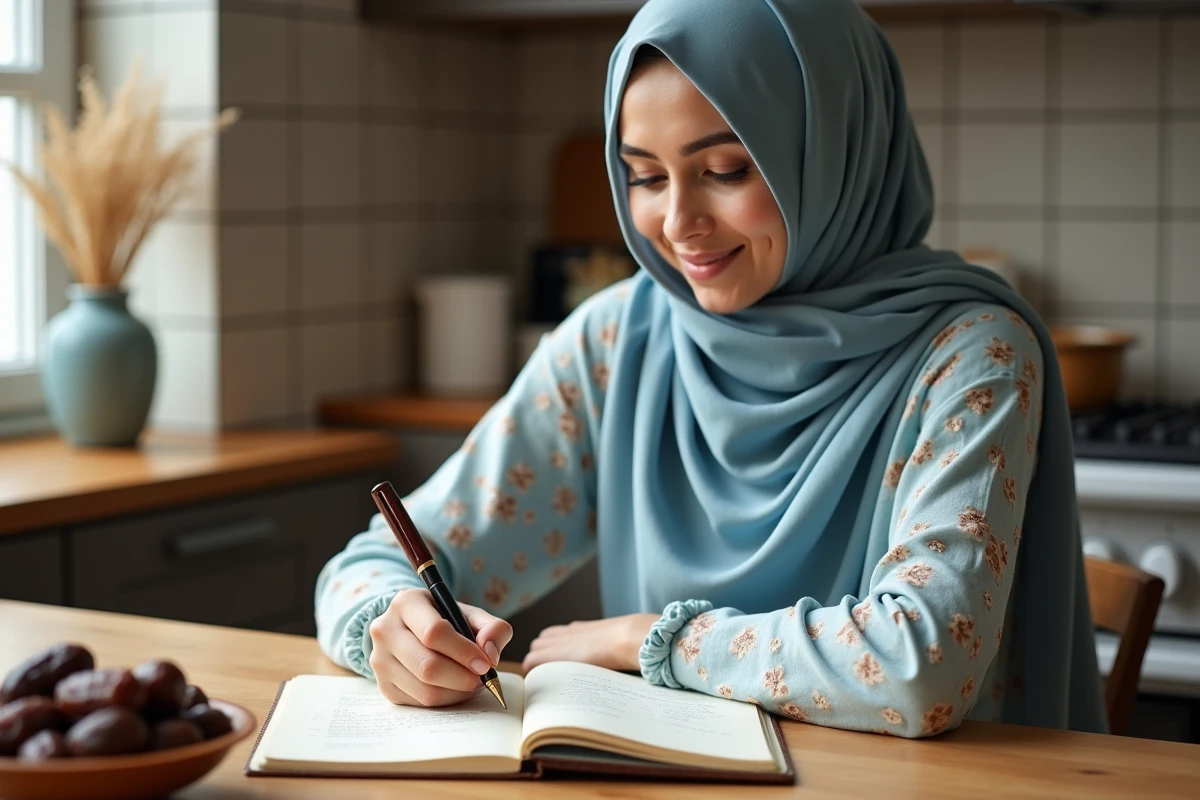 Jeune femme en hijab écrivant des messages sincères de Ramadan dans un journal manuscrit à la maison