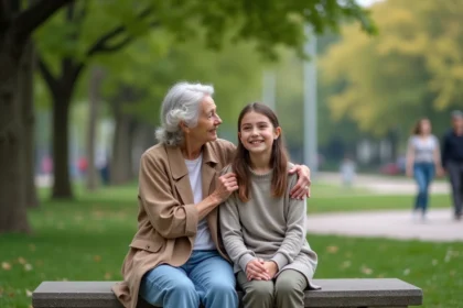 Femme âgée et jeune fille dans un parc serein