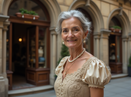 Femme âgée élégante devant une boutique ancienne