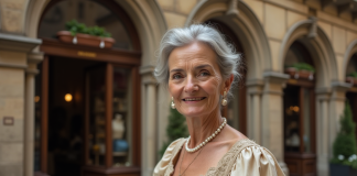 Femme âgée élégante devant une boutique ancienne