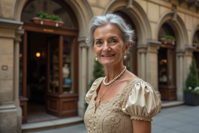 Femme âgée élégante devant une boutique ancienne
