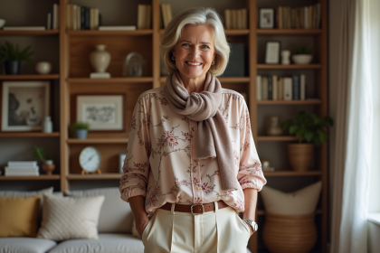 Femme élégante en blouse fluide et pantalon haut taille