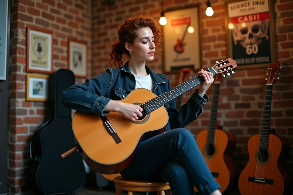 Femme assise testant une guitare Atlantic en magasin de musique indépendant, oreille tendue pour évaluer la résonance de la caisse