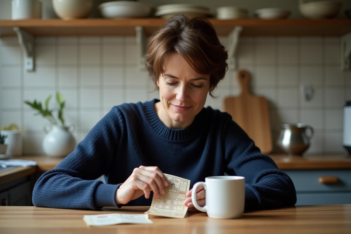 Femme grattant un ticket de loterie FDJ illiko à la table de sa cuisine