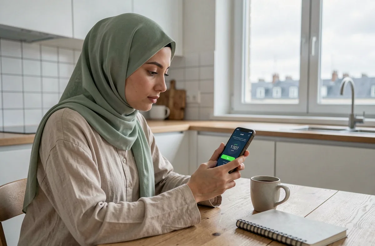 Jeune femme voilée consultant une application de rappel des heures de prière sur son téléphone dans une cuisine moderne à Rennes
