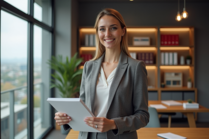 Femme professionnelle souriante dans une agence immobiliere