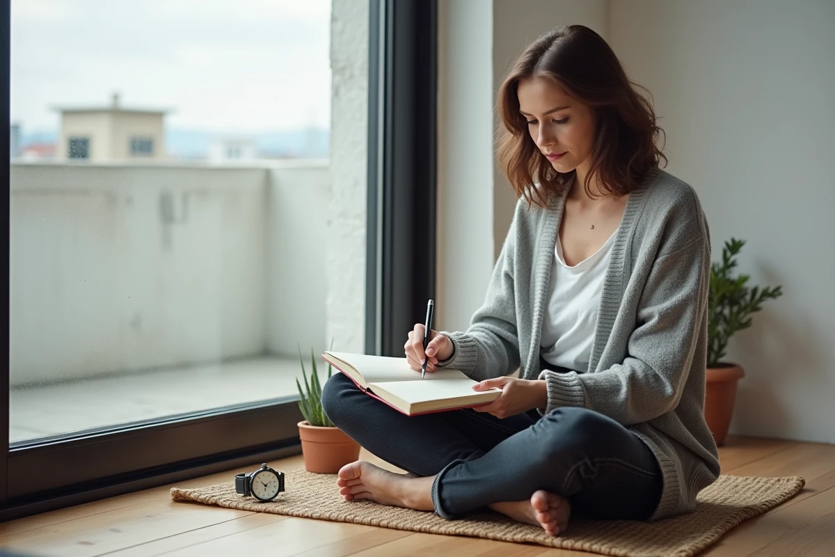 Femme écrivant dans un journal avec une montre affichant 14h14 posée sur le sol, ambiance minimaliste et méditatif