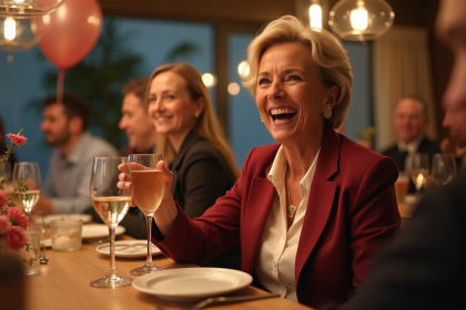 Femme souriante en blazer lors d'un anniversaire festif