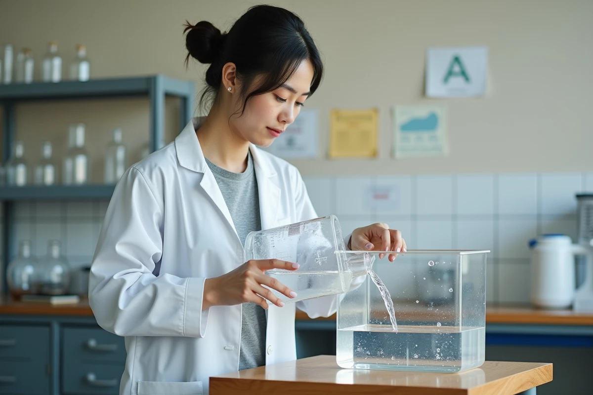 Jeune femme en blouse de laboratoire versant de l'eau dans un cube d'un mètre cube pour illustrer la conversion en litres
