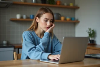 Jeune femme lisant des avis en ligne à la maison
