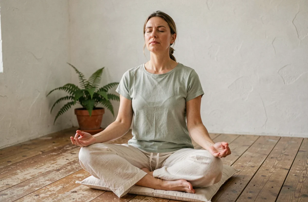 Femme en méditation récitant un mantra dans une pièce minimaliste et apaisante