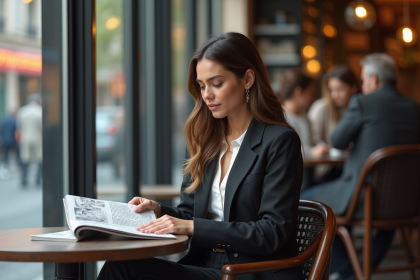 Femme élégante en blazer dans un café urbain