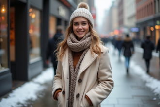 Jeune femme souriante en hiver dans la ville avec manteau crème