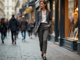 Femme élégante marche dans Paris avec chaussures tendance