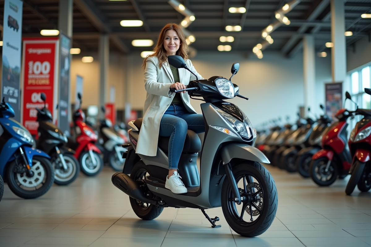 Femme assise sur une moto en showroom lumineux