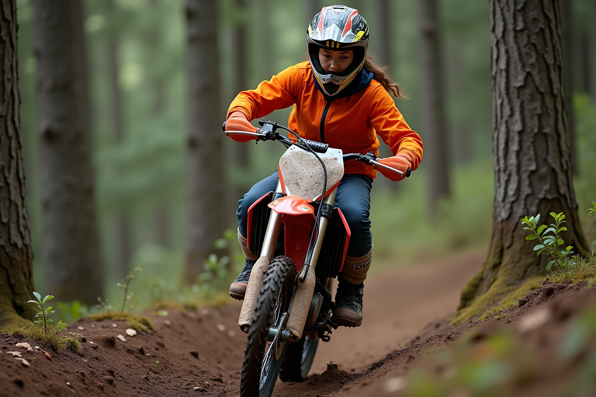 Femme en motocross naviguant en forêt dense
