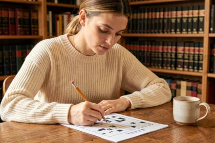 Jeune femme concentrée résolvant des mots croisés à son bureau en bois, entourée de dictionnaires, illustrant l'apprentissage du vocabulaire avec Codycross