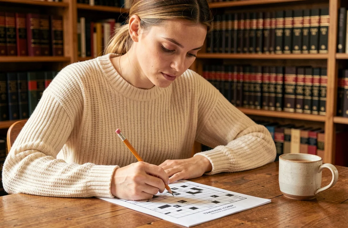 Jeune femme concentrée résolvant des mots croisés à son bureau en bois, entourée de dictionnaires, illustrant l'apprentissage du vocabulaire avec Codycross