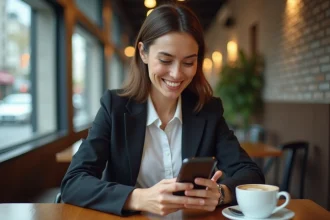 Jeune femme professionnelle utilise une application sur smartphone