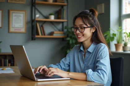 Femme souriante et concentrée sur son ordinateur pour un quiz