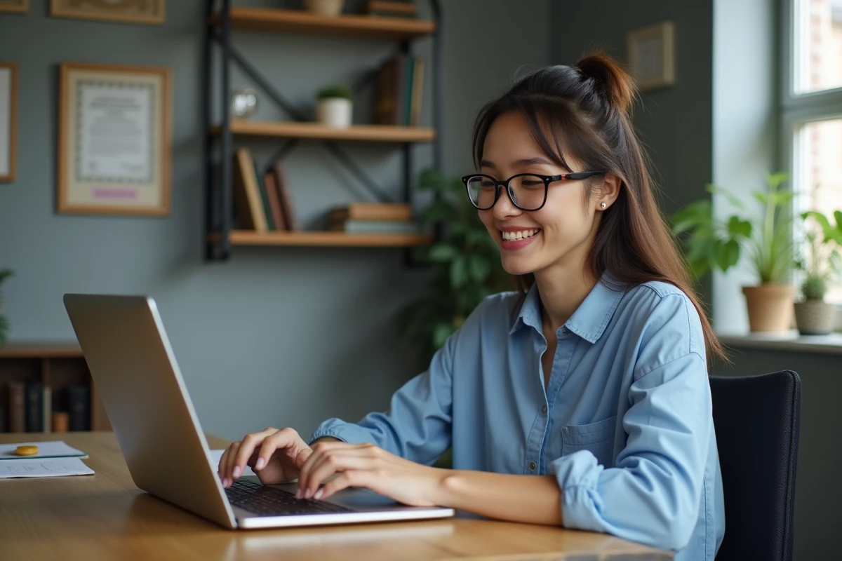 Femme souriante et concentrée sur son ordinateur pour un quiz