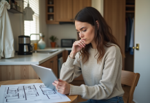 Louer un logement : à partir de combien de m2 minimum ? Jeune femme dans un studio regarde des plans sur une tablette