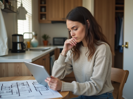 Jeune femme dans un studio regarde des plans sur une tablette