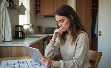 Jeune femme dans un studio regarde des plans sur une tablette