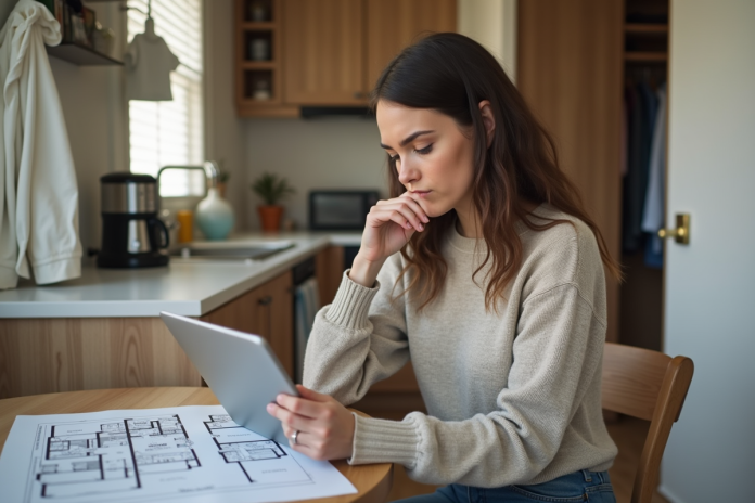 Jeune femme dans un studio regarde des plans sur une tablette
