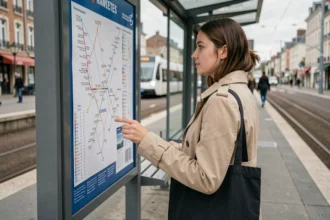 Jeune femme consultant le plan de la ligne 2 du tram à un arrêt de Nantes