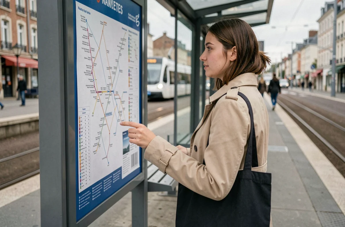 Jeune femme consultant le plan de la ligne 2 du tram à un arrêt de Nantes