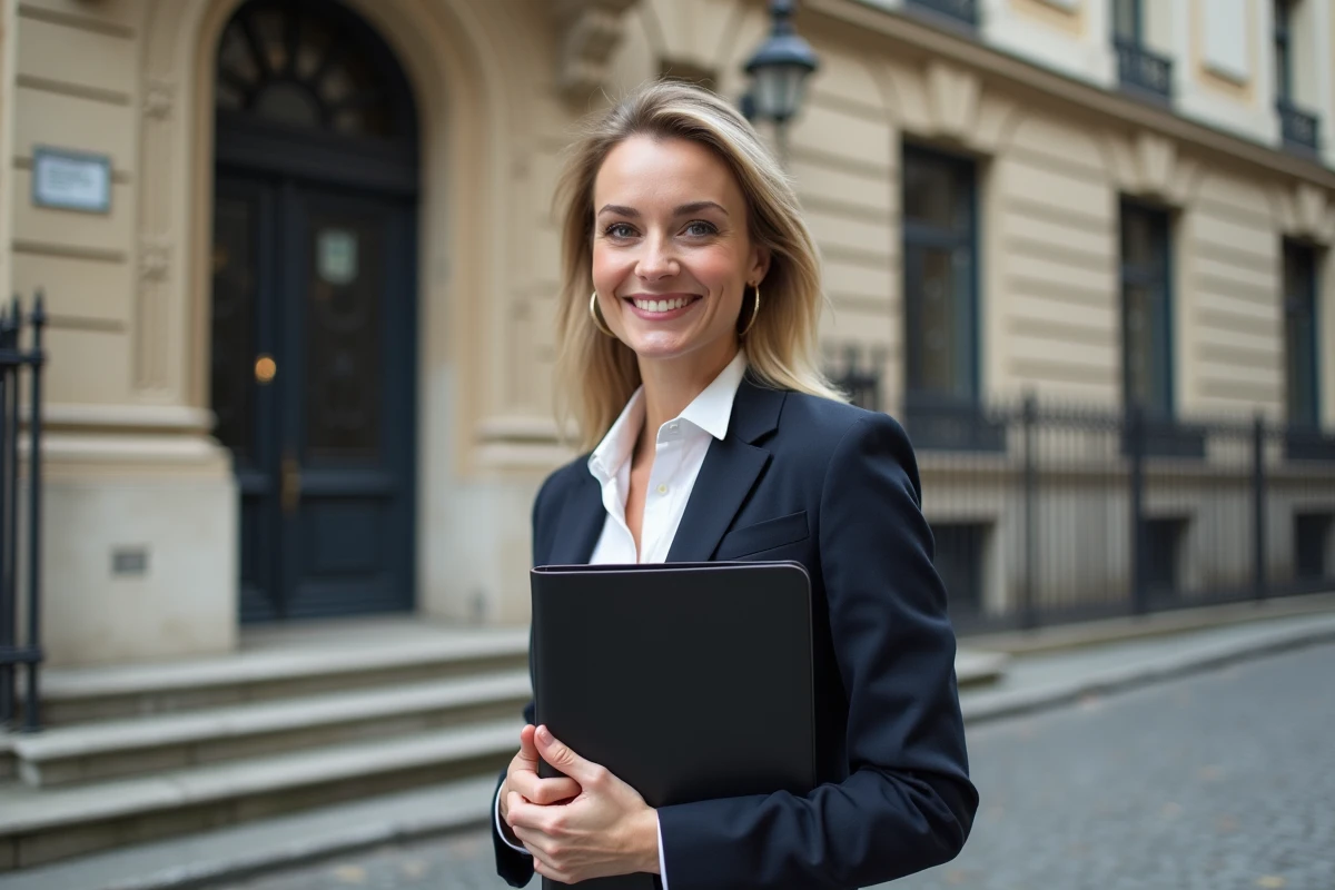 Femme politique française dans la rue devant un bâtiment officiel