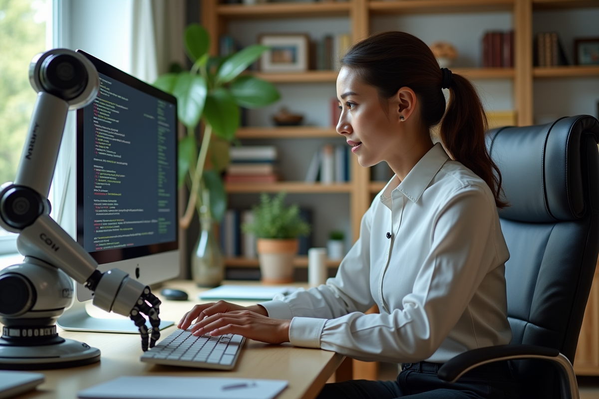 Femme programmeuse avec robot dans un espace de travail à domicile