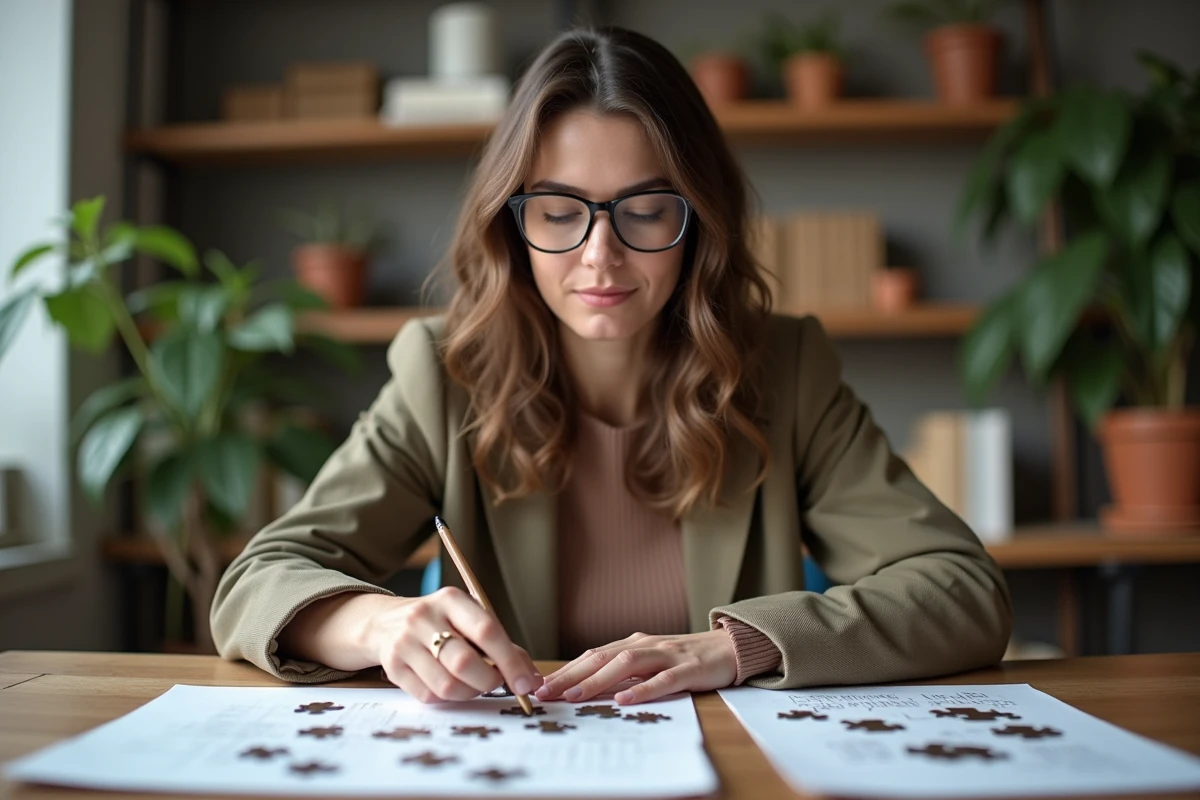 Femme concentrée avec puzzle et carnet dans un salon cosy