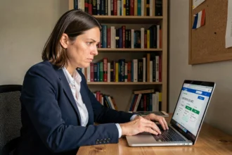 Femme analysant un quiz politique en ligne sur un ordinateur portable dans un bureau à domicile