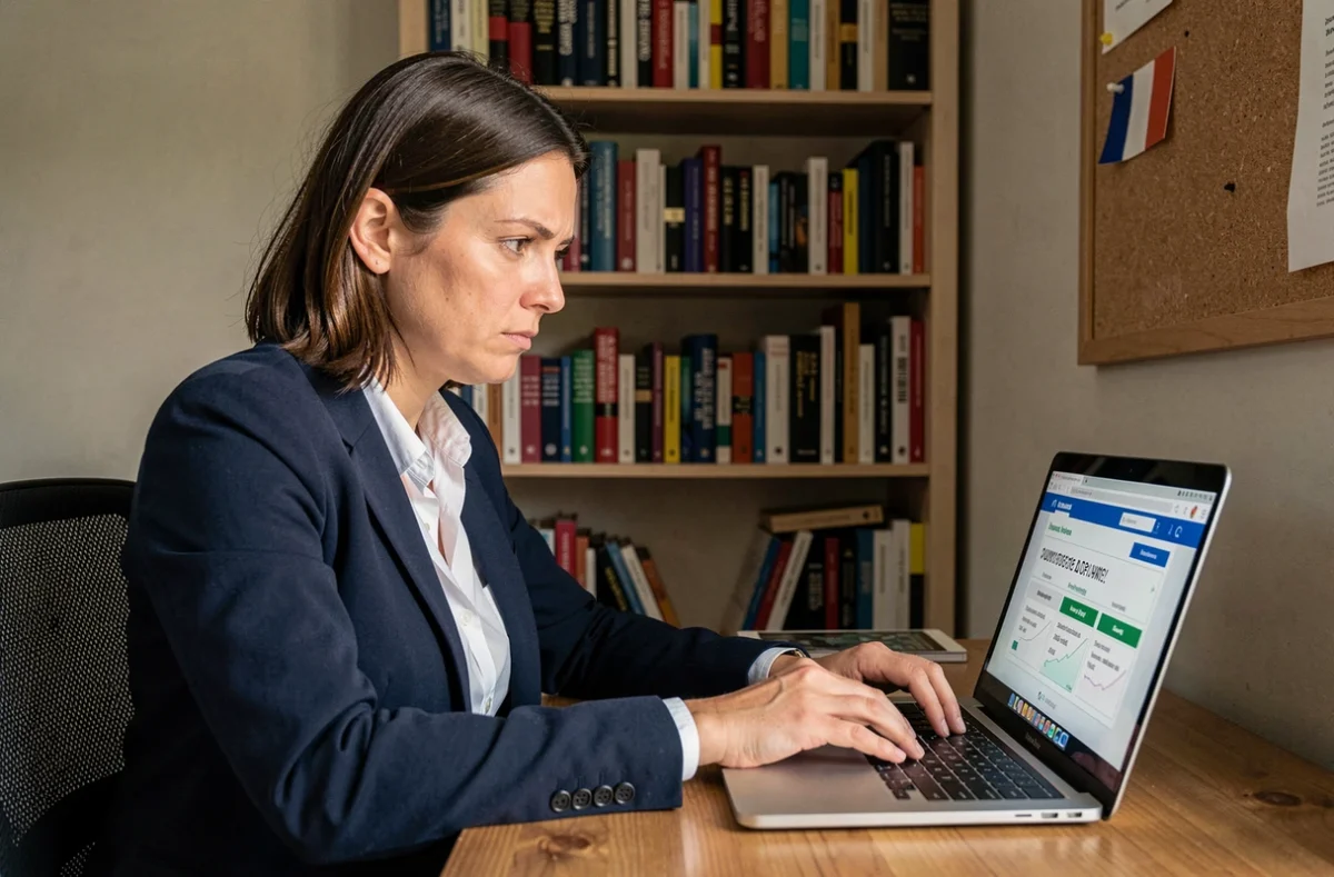 Femme analysant un quiz politique en ligne sur un ordinateur portable dans un bureau à domicile