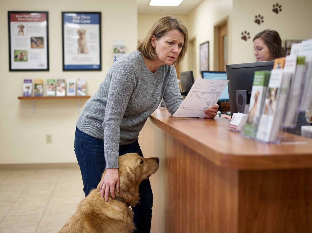 Femme réconfortant son chien à la clinique vétérinaire