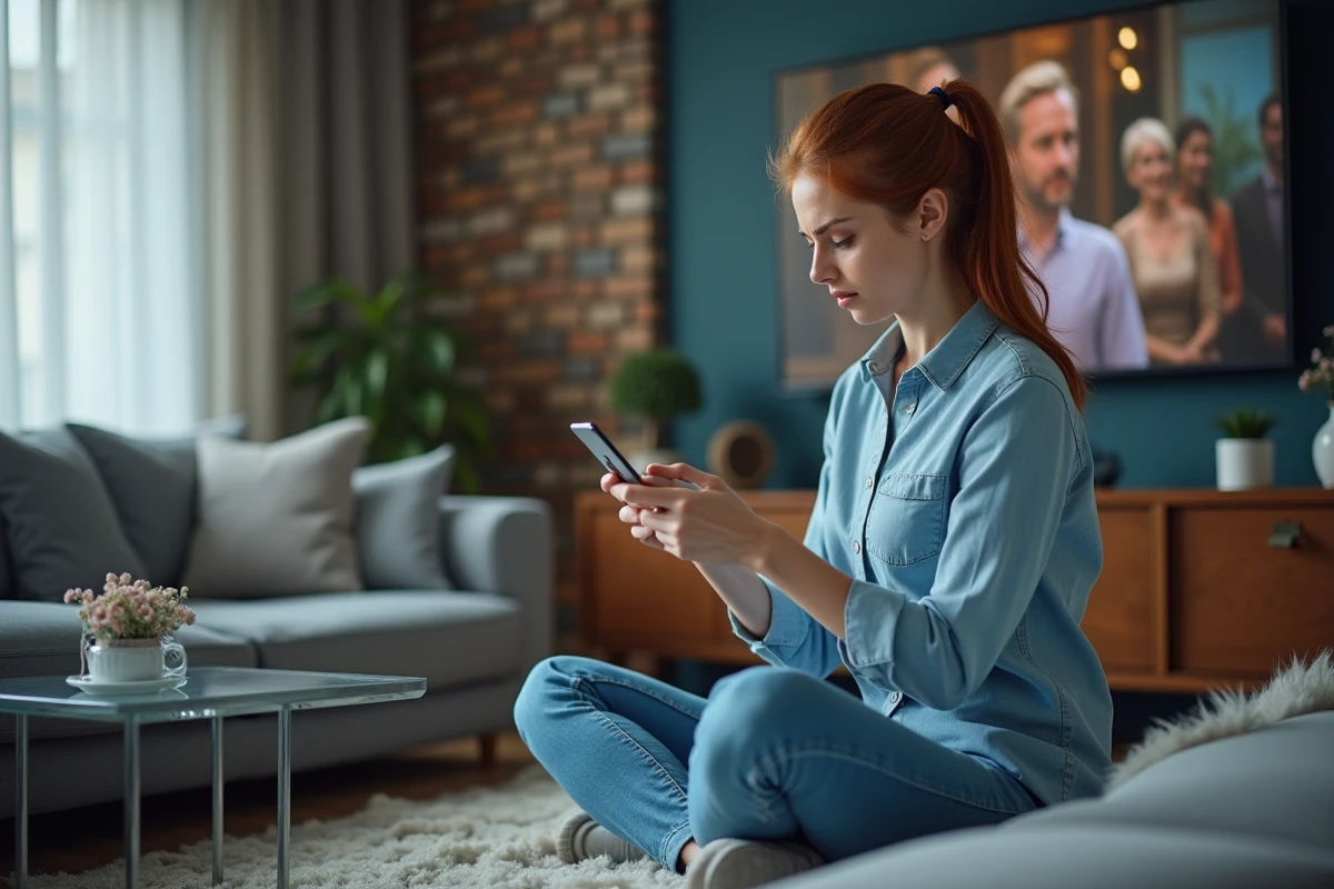 Femme cherchant la nouvelle adresse d'un site de streaming sur son smartphone depuis son salon