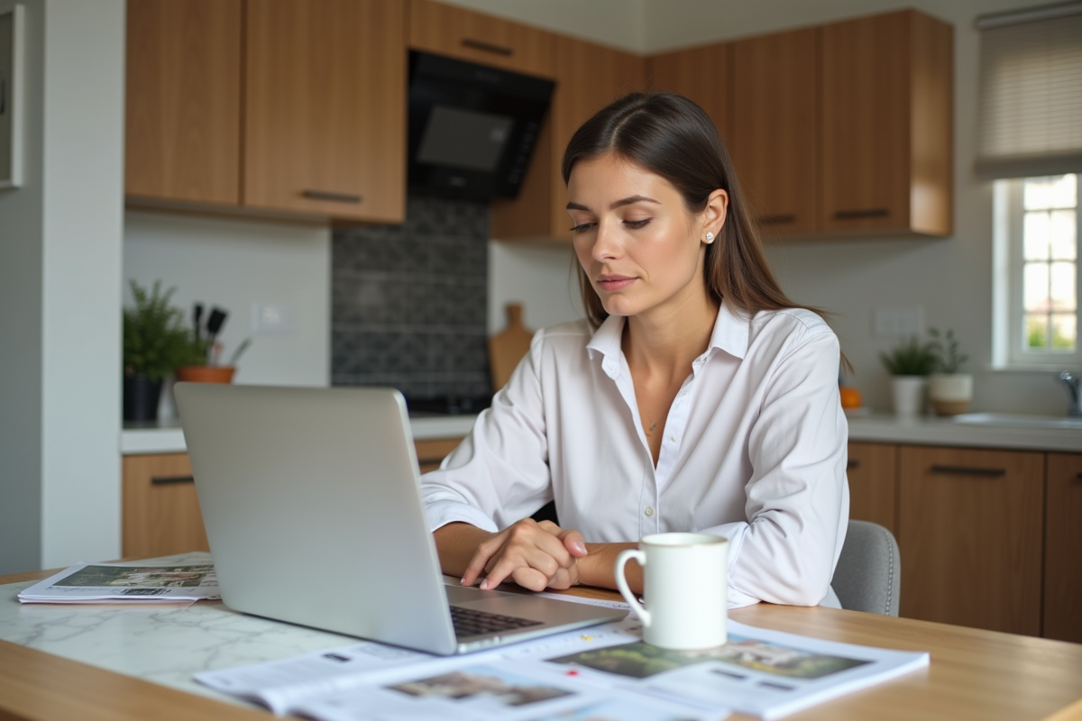 Jeune femme consulte des brochures immobilières dans sa cuisine