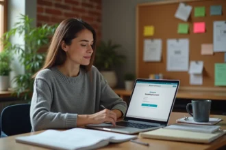 Femme en reconversion professionnelle consultant une formation en ligne sur son ordinateur portable à son bureau à domicile