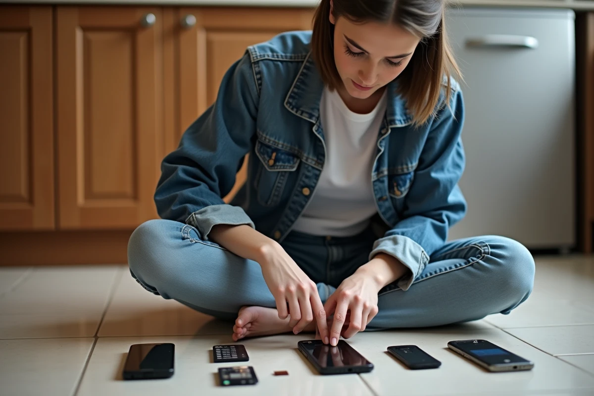 Jeune femme remontant un vieux Nokia démonté par terre dans une cuisine, avec batterie et couvercle arrière visibles